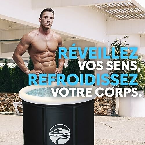 Homme musclé dans un bain glacé