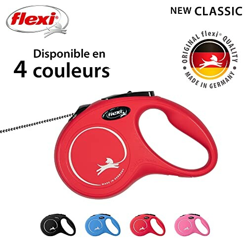 Laisse pour chien Flexi disponible en quatre couleurs.