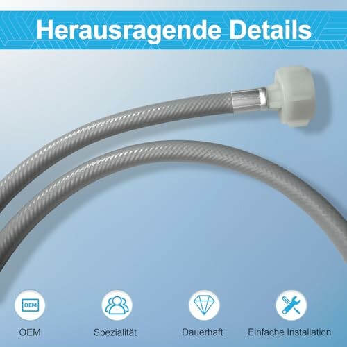 Détails d'un tuyau flexible avec icônes de caractéristiques.
