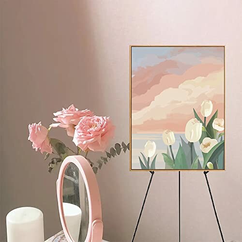 Peinture de fleurs avec roses et miroir