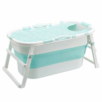 Baignoire pliante pour bébé en plastique bleu et blanc.