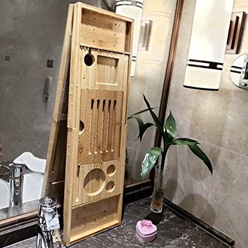 Plateau de bain pliable en bois dans une salle de bain moderne.