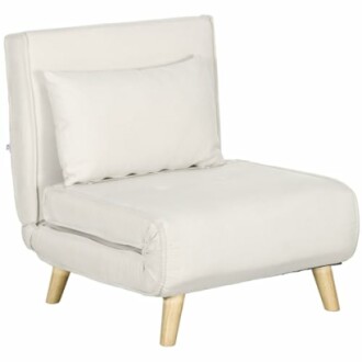 Chaise pliante beige avec coussin et pieds en bois.