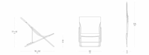 Schéma des dimensions d'une chaise pliante vue de côté, de face et de profil.