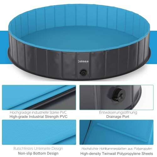 Piscine pliante pour chien avec matériaux résistants et drainage.