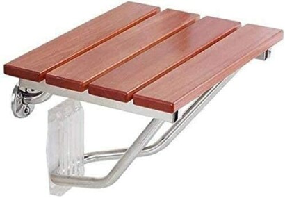 Banc de douche pliable en bois et métal.