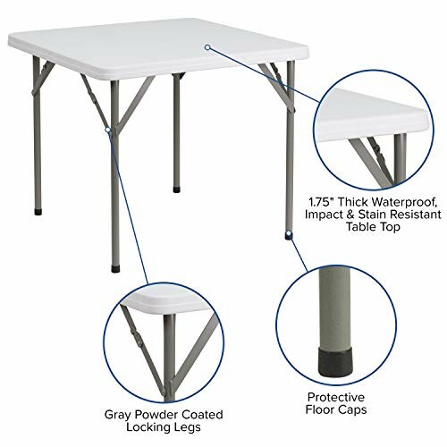 Table pliante avec pieds verrouillables et dessus résistant aux taches.