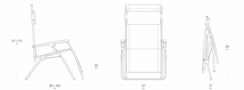 Schéma technique d'une chaise pliante avec dimensions.