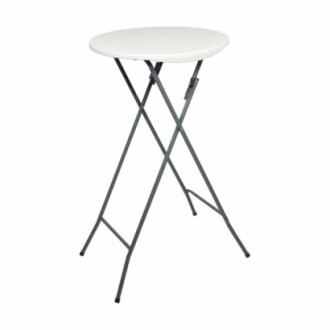 Table haute pliante ronde avec pieds en métal.