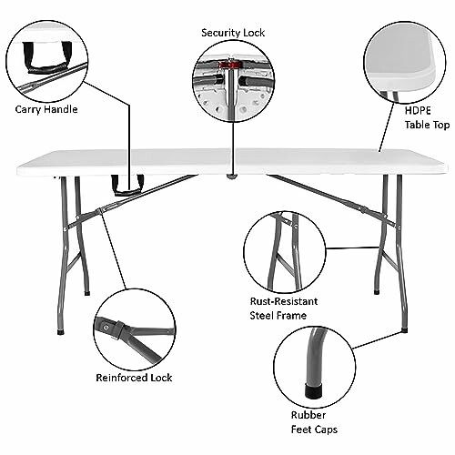 Table pliante avec verrou de sécurité, cadre en acier et pieds en caoutchouc.