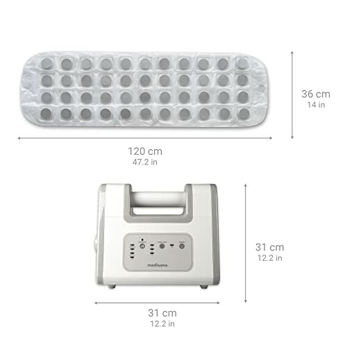 Tapis de massage pour les pieds avec dispositif électronique et dimensions.