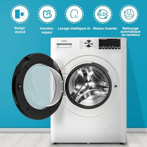 Machine à laver frontale avec porte ouverte et icônes de fonctionnalités.