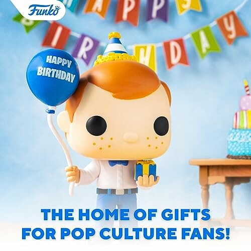 Figurine Funko Pop tenant un ballon et un cadeau d'anniversaire.
