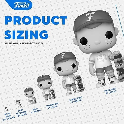 Graphique des tailles de produits Funko avec cinq figurines de différentes tailles.