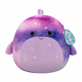 Jouet en peluche galaxie avec étoiles et visage souriant.