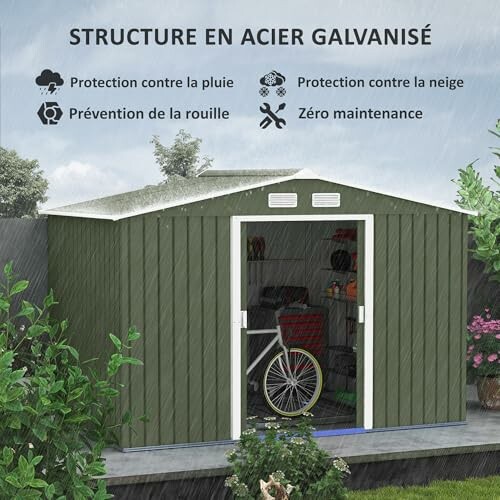 Abri de jardin en acier galvanisé sous la pluie.