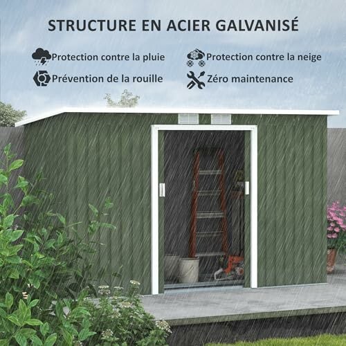 Abri de jardin en acier galvanisé sous la pluie