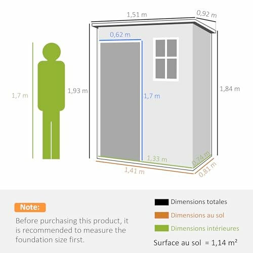 Schéma des dimensions d'un abri de jardin avec silhouette humaine.