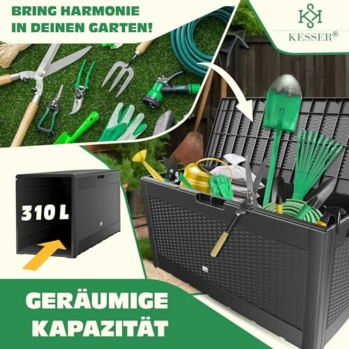 Boîte de rangement de jardin avec outils et équipement.