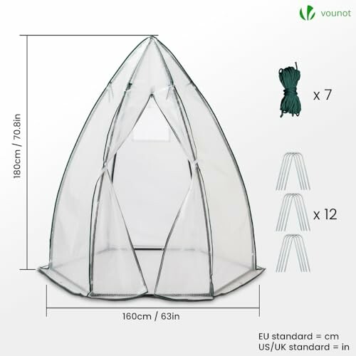 Tente de jardin avec accessoires inclus, dimensions indiquées.