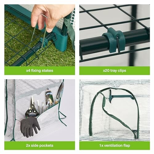 Accessoires pour serre de jardin avec piquets, clips, poches latérales et clapet de ventilation.