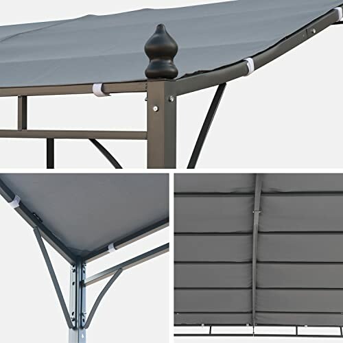 Détails du cadre et de la toile d'un gazebo gris.