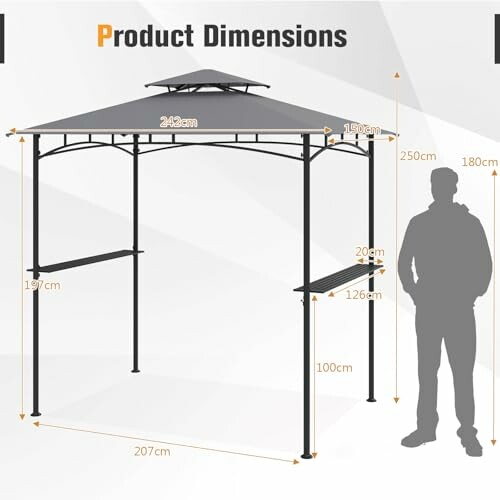 Dimensions d'un gazebo avec silhouette humaine pour l'échelle.