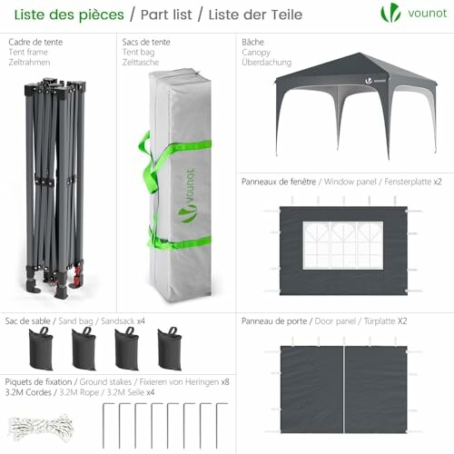 Liste des pièces pour un gazebo avec cadre, sac, panneaux de fenêtre et de porte.