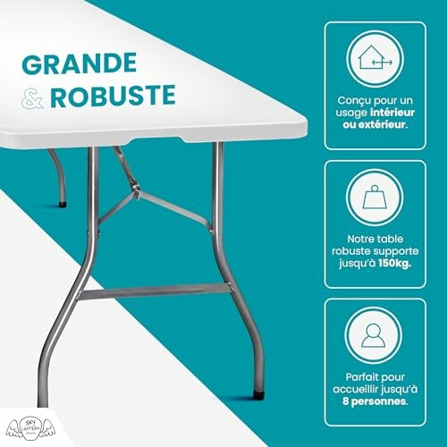 Table pliante robuste pour usage intérieur et extérieur