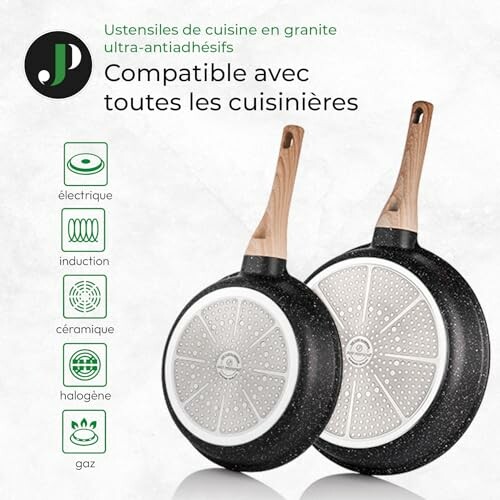 Deux poêles en granit avec poignées en bois, compatibles avec toutes les cuisinières.