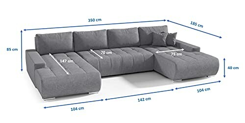 Canapé d'angle gris avec dimensions en centimètres