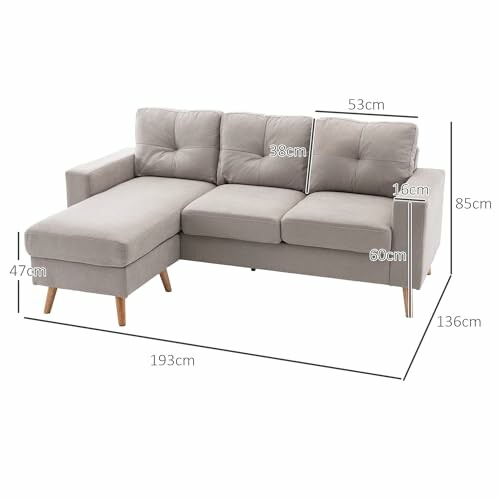 Sofa sectionnel gris avec dimensions indiquées