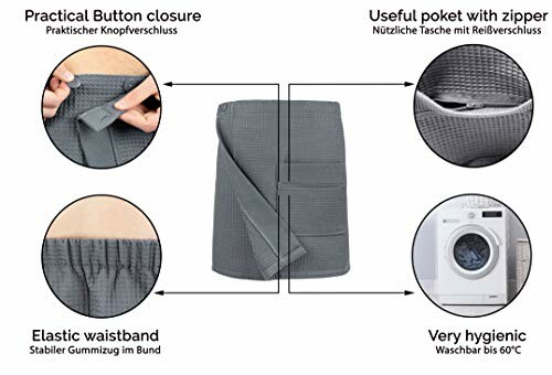 Caractéristiques d'un pagne de bain gris avec fermeture à bouton, poche zippée, taille élastique, et lavable en machine.