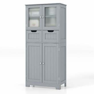 Armoire en bois gris avec portes vitrées.