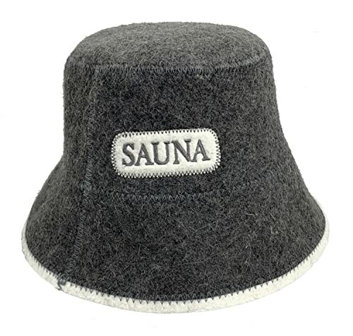 Chapeau de sauna en laine grise avec étiquette.