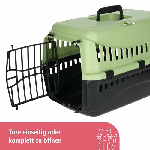 Cage de transport pour animaux ouverte avec porte grillagée.