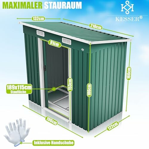 Abri de jardin en métal vert avec dimensions.