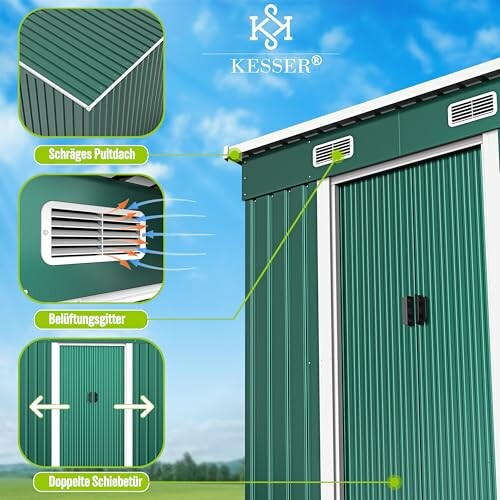 Abri de jardin en métal vert avec toit incliné et grilles d'aération.