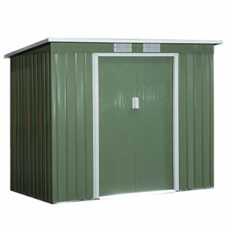 Abri de jardin en métal vert avec porte fermée.