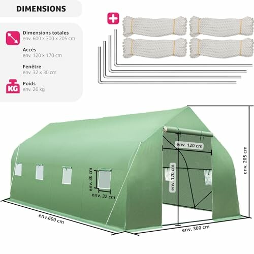 Schéma des dimensions d'une tente verte avec accessoires, y compris cordes et piquets.