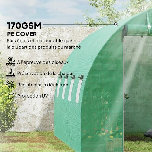 Serre verte avec couverture 170GSM, résistante aux oiseaux et UV.
