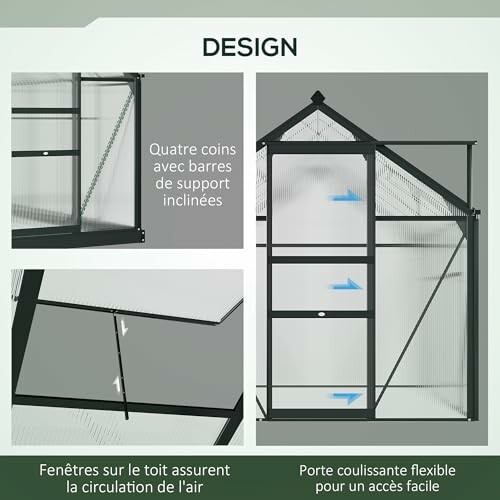 Conception de serre avec coins inclinés et porte coulissante.