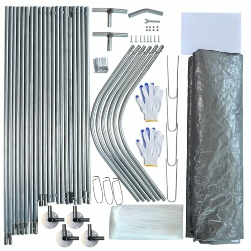 Kit de cadre de serre avec tubes, gants, et accessoires.