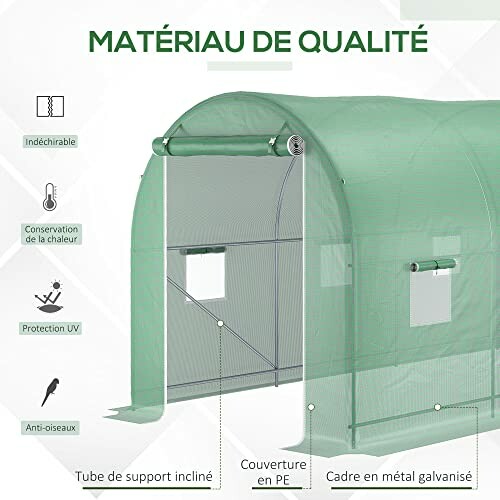 Serre verte avec caractéristiques de qualité, incluant protection UV et structure en métal galvanisé.