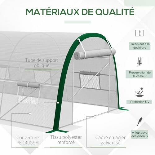 Serre avec matériaux de qualité, cadre en acier et protection UV.