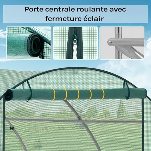 Détail d'une serre avec porte centrale roulante et fermeture éclair.