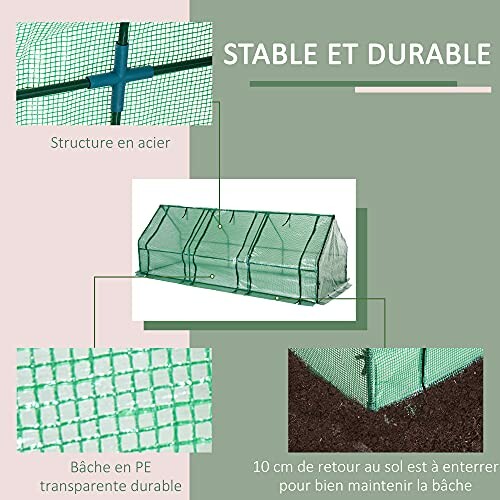 Description des caractéristiques d'une serre avec structure en acier et bâche en PE transparente.