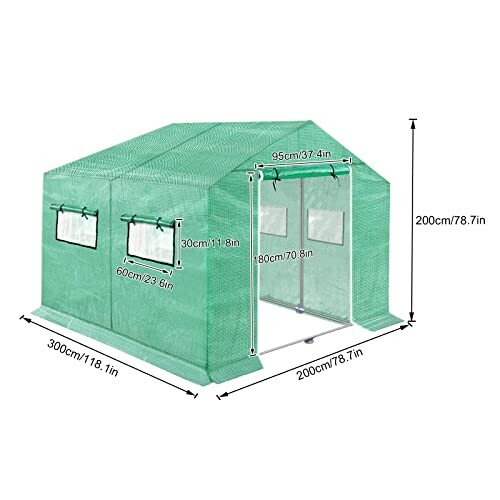 Dimensions d'une serre tunnel verte avec fenêtres.