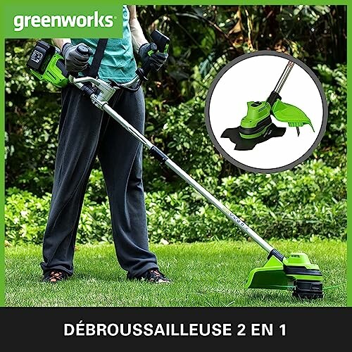 Personne utilisant une débroussailleuse Greenworks.