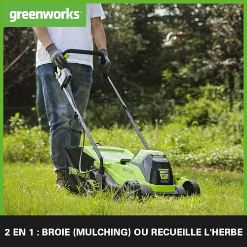 Tondeuse à gazon verte Greenworks utilisée dans un jardin